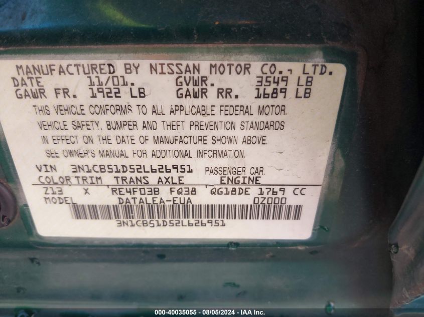 2002 Nissan Sentra Gxe VIN: 3N1CB51D52L626951 Lot: 40035055