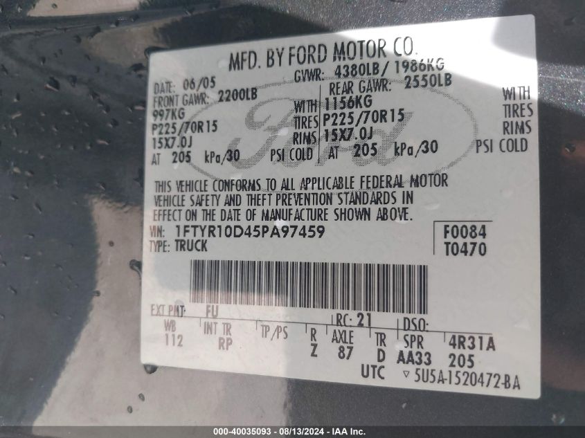 2005 Ford Ranger VIN: 1FTYR10D45PA97459 Lot: 40035093