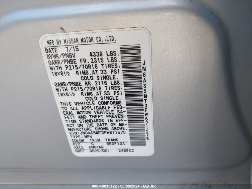 2015 Nissan Rogue Select S VIN: JN8AS5MT3FW671575 Lot: 40035122