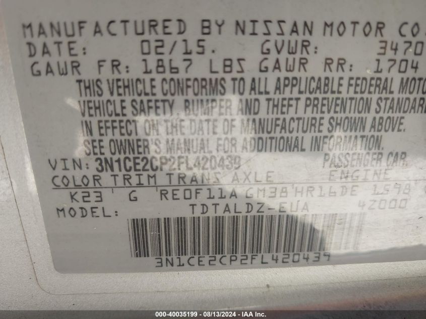 3N1CE2CP2FL420439 2015 Nissan Versa Note S (Sr)/S Plus/Sl/Sr/Sv