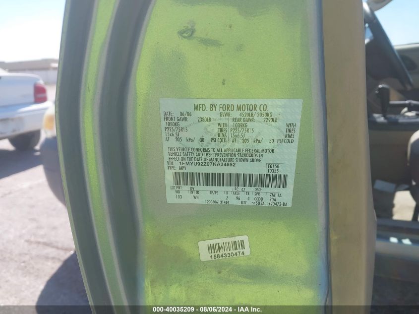 2007 Ford Escape Xls/Xls Manual VIN: 1FMYU92Z07KA34652 Lot: 40035209