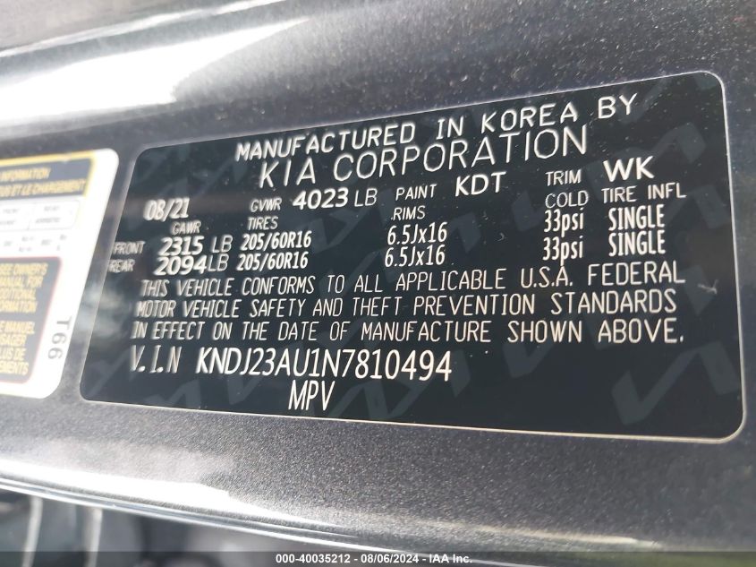 2022 Kia Soul Lx VIN: KNDJ23AU1N7810494 Lot: 40035212