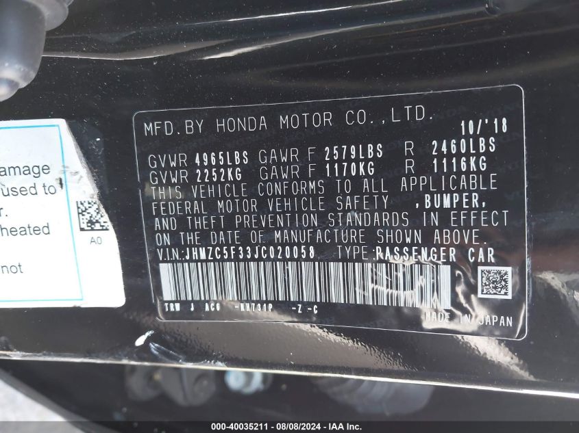 2018 Honda Clarity Plug-In Hybrid Touring VIN: JHMZC5F33JC020058 Lot: 40035211