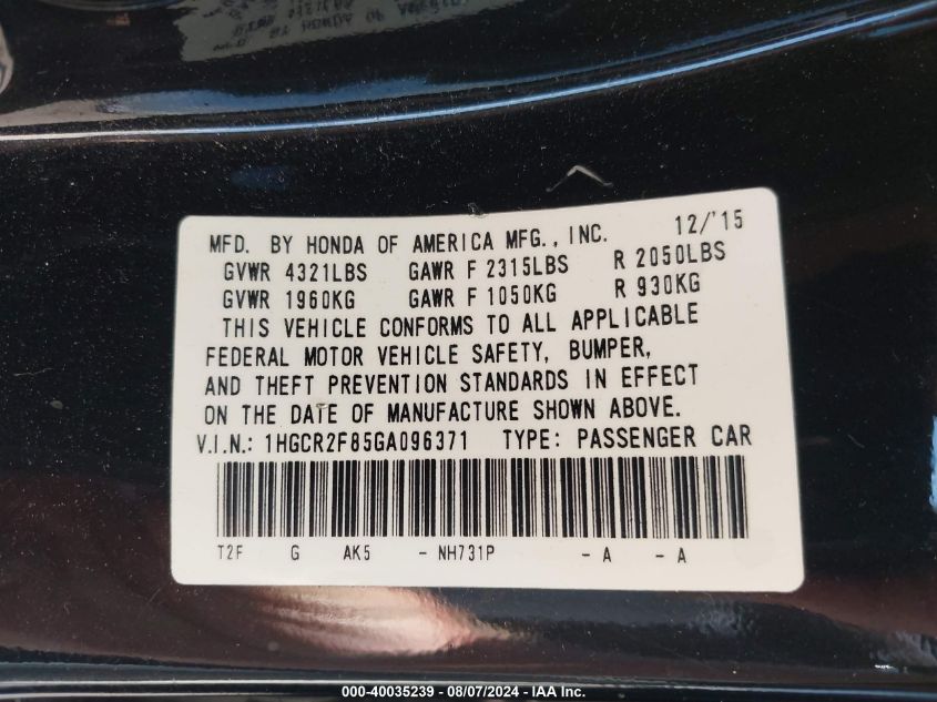 1HGCR2F85GA096371 2016 Honda Accord Ex-L