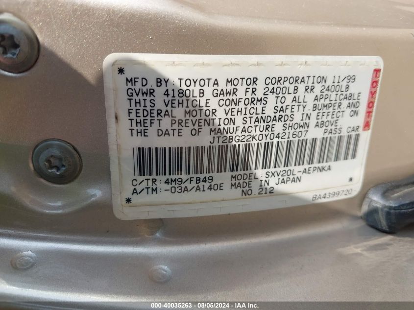 2000 Toyota Camry Le VIN: JT2BG22K0Y0421607 Lot: 40035263