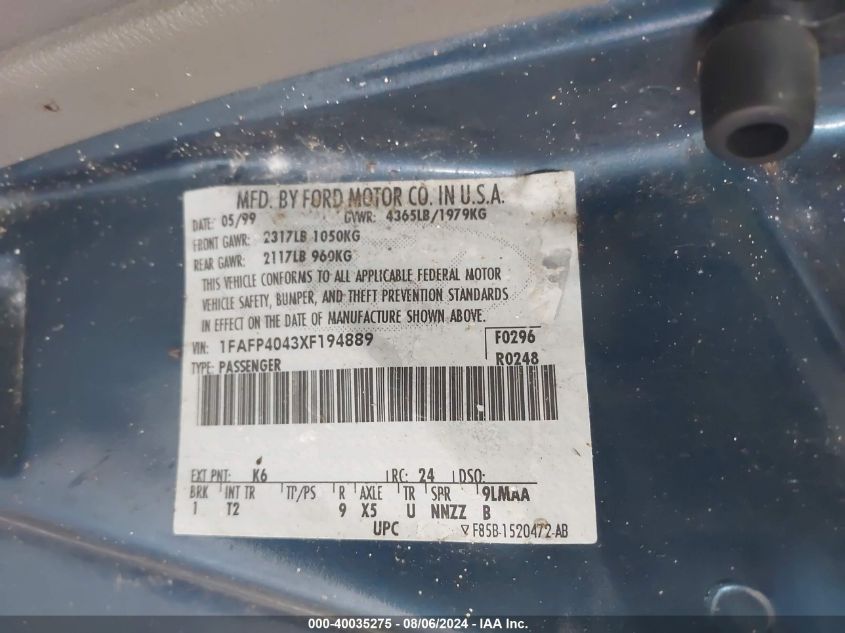 1999 Ford Mustang VIN: 1FAFP4043XF194889 Lot: 40035275