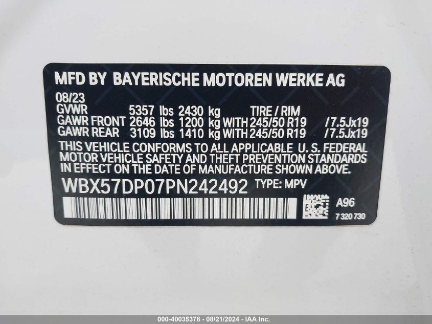 2023 BMW X3 xDrive30I VIN: WBX57DP07PN242492 Lot: 40035378