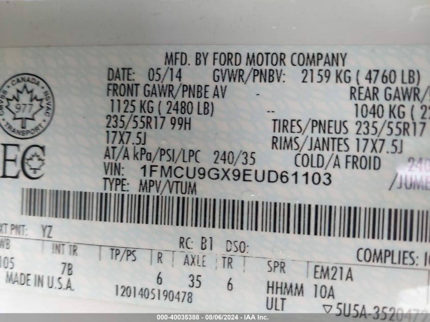 2014 Ford Escape Se VIN: 1FMCU9GX9EUD61103 Lot: 40035388