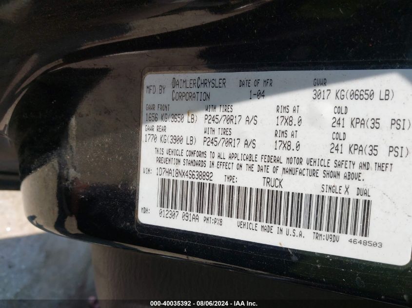 2004 Dodge Ram 1500 Slt/Laramie VIN: 1D7HA18NX4S638892 Lot: 40035392