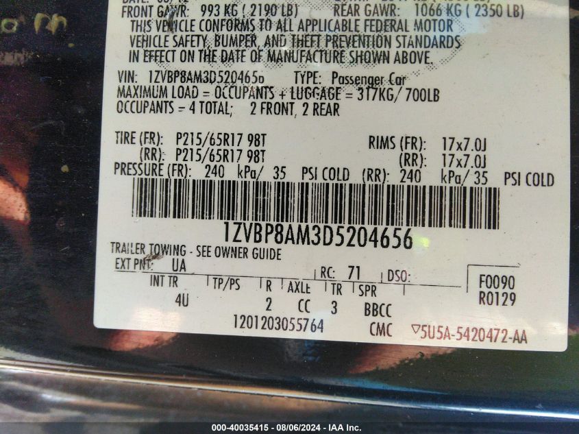 2013 Ford Mustang V6 Premium VIN: 1ZVBP8AM3D5204656 Lot: 40035415