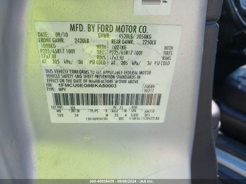 2011 Ford Escape Limited VIN: 1FMCU0EG9BKA50003 Lot: 40035439