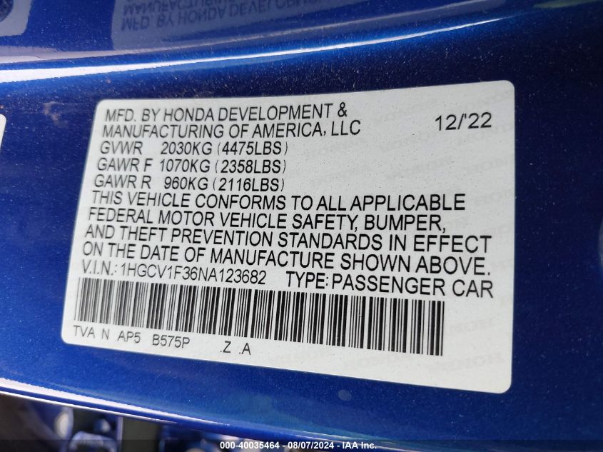 1HGCV1F36NA123682 2022 Honda Accord Sport