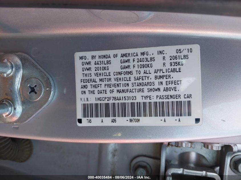 1HGCP2F78AA153103 2010 Honda Accord 2.4 Ex