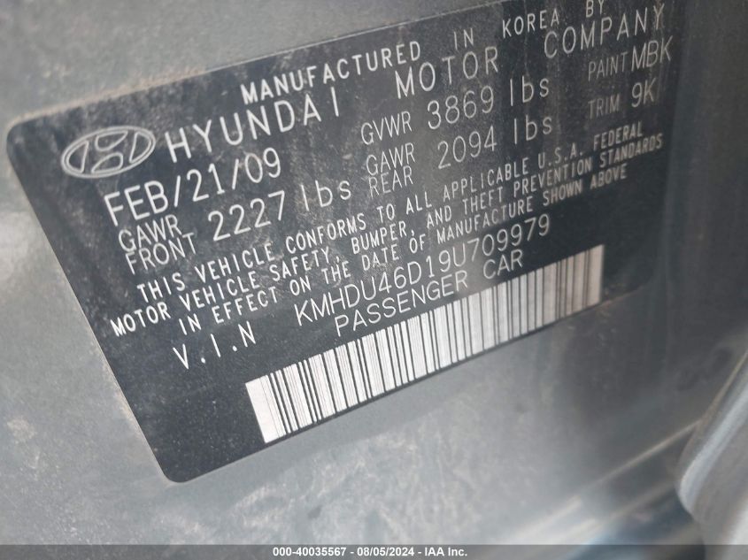 2009 Hyundai Elantra Gls VIN: KMHDU46D19U709979 Lot: 40035567