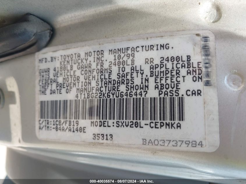 2000 Toyota Camry Le VIN: 4T1BG22K6YU646447 Lot: 40035574