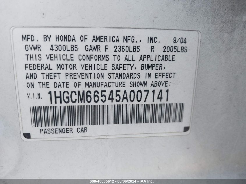 2005 Honda Accord 3.0 Ex VIN: 1HGCM66545A007141 Lot: 40035612