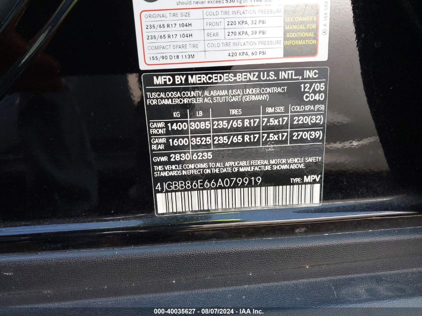 4JGBB86E66A079919 2006 Mercedes-Benz Ml 350 4Matic