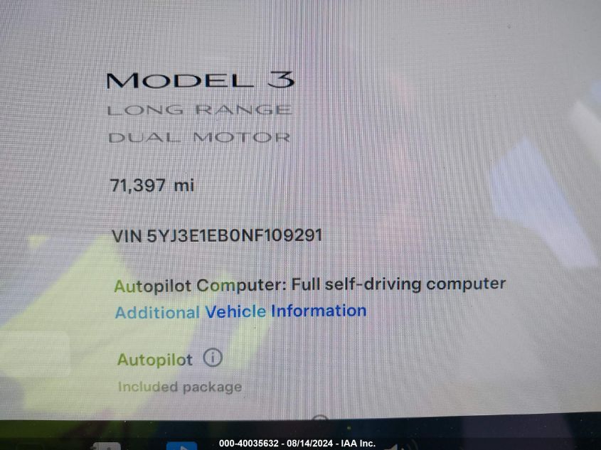 2022 Tesla Model 3 Long Range Dual Motor All-Wheel Drive VIN: 5YJ3E1EB0NF109291 Lot: 40035632