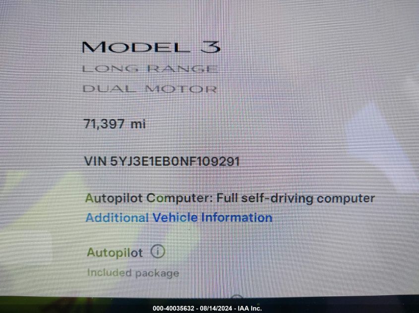 2022 Tesla Model 3 Long Range Dual Motor All-Wheel Drive VIN: 5YJ3E1EB0NF109291 Lot: 40035632