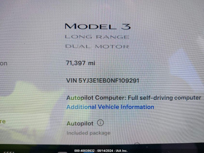 2022 Tesla Model 3 Long Range Dual Motor All-Wheel Drive VIN: 5YJ3E1EB0NF109291 Lot: 40035632