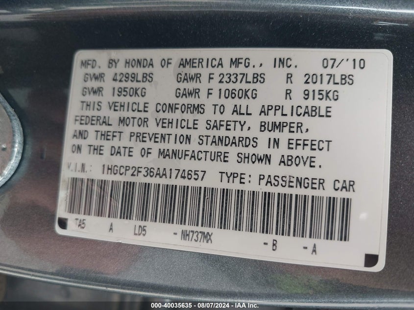 2010 Honda Accord 2.4 Lx VIN: 1HGCP2F36AA174657 Lot: 40035635