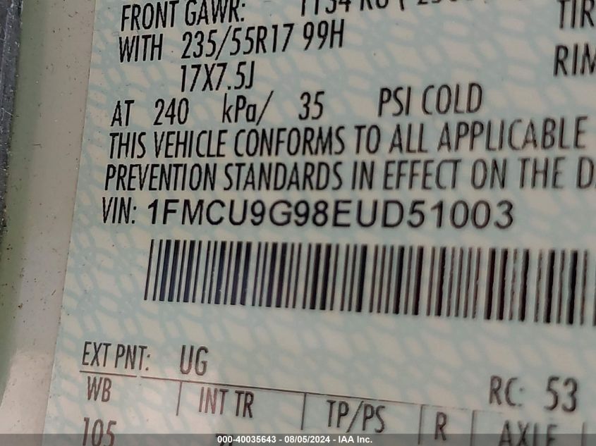 2014 Ford Escape Se VIN: 1FMCU9G98EUD51003 Lot: 40035643