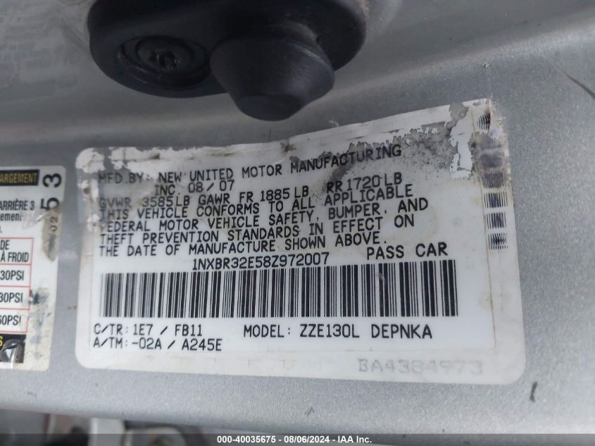 2008 Toyota Corolla Le VIN: 1NXBR32E58Z972007 Lot: 40035675