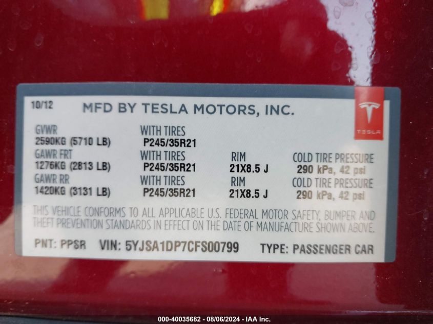 2012 Tesla Model S Performance/Signature Performance VIN: 5YJSA1DP7CFS00799 Lot: 40035682