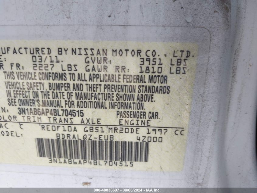 2011 Nissan Sentra 2.0 VIN: 3N1AB6AP4BL704515 Lot: 40035697