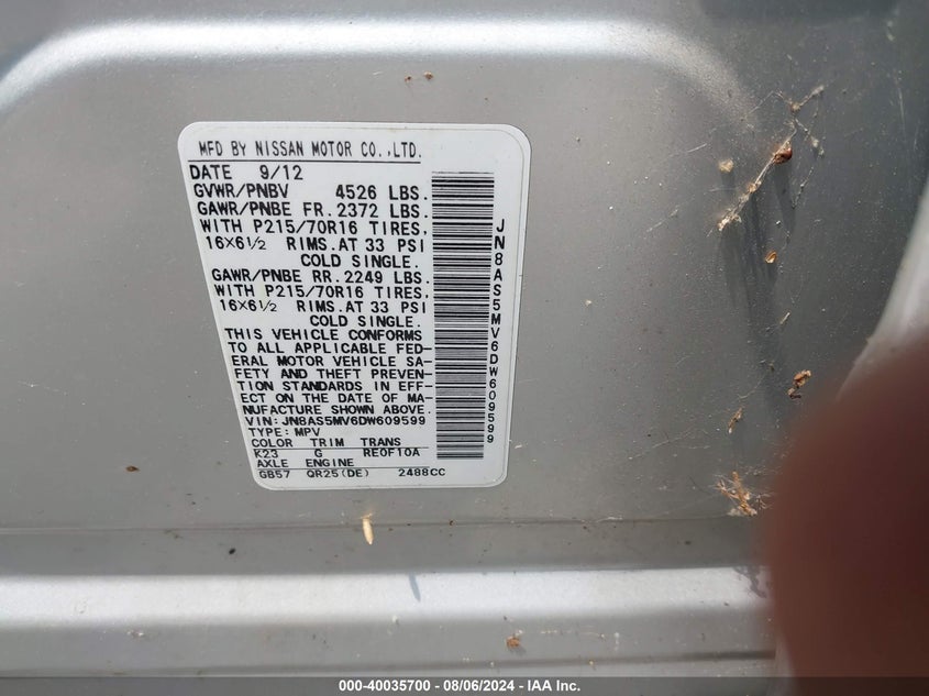 2013 Nissan Rogue S VIN: JN8AS5MV6DW609599 Lot: 40035700