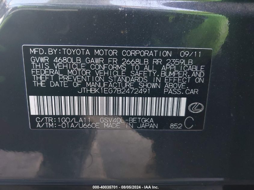 2011 Lexus Es 350 VIN: JTHBK1EG7B2472491 Lot: 40035701