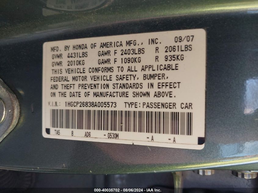 1HGCP26838A005573 2008 Honda Accord 2.4 Ex-L