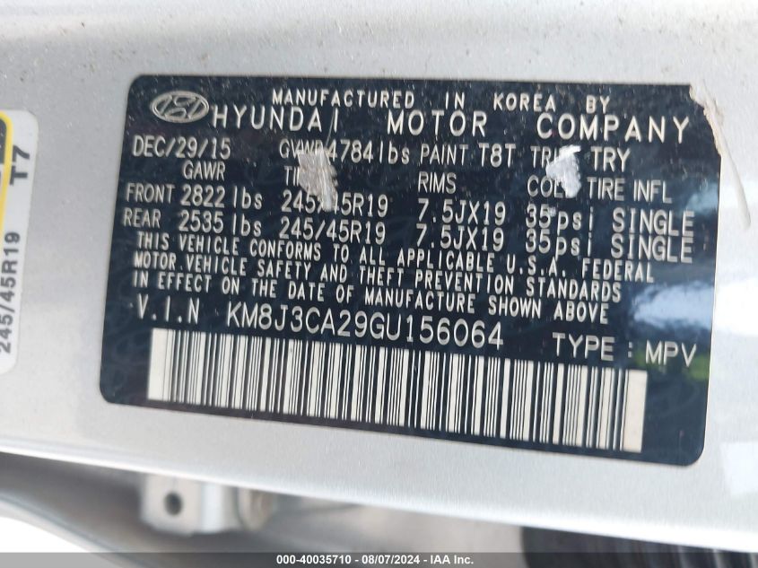 2016 Hyundai Tucson Limited VIN: KM8J3CA29GU156064 Lot: 40035710