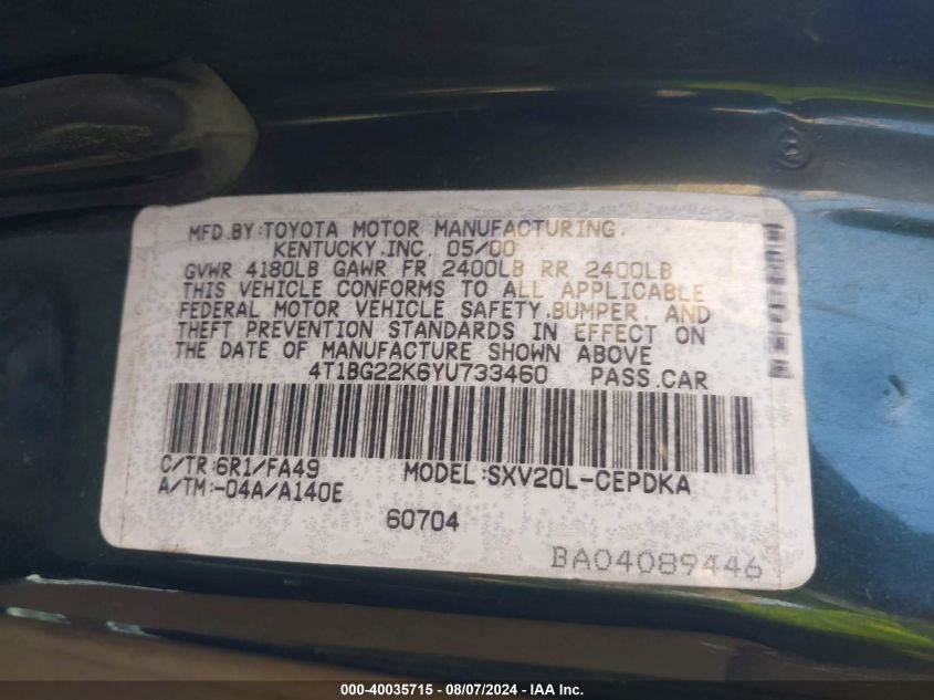 2000 Toyota Camry Ce VIN: 4T1BG22K6YU733460 Lot: 40035715