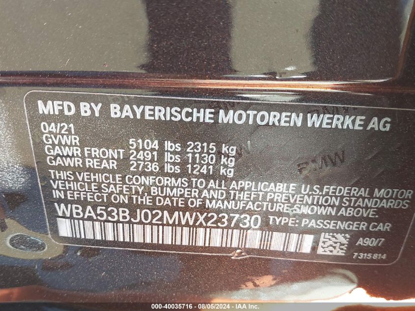 2021 BMW 540I VIN: WBA53BJ02MWX23730 Lot: 40035716