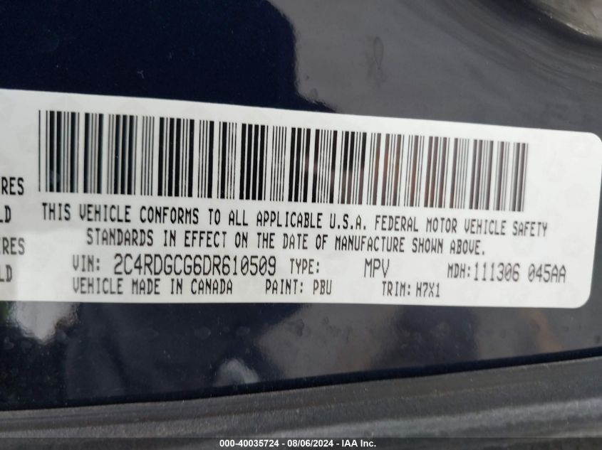 2013 Dodge Grand Caravan Sxt VIN: 2C4RDGCG6DR610509 Lot: 40035724