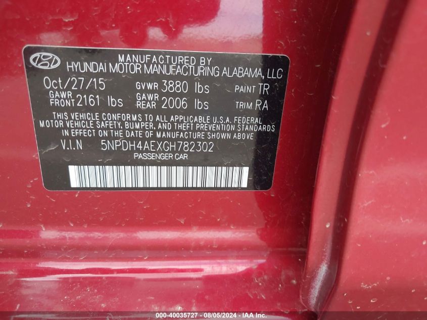 2016 Hyundai Elantra Se VIN: 5NPDH4AEXGH782302 Lot: 40035727