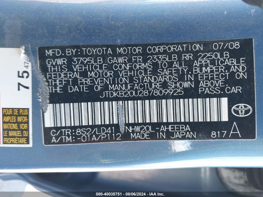 2008 Toyota Prius VIN: JTDKB20U287809925 Lot: 40035751