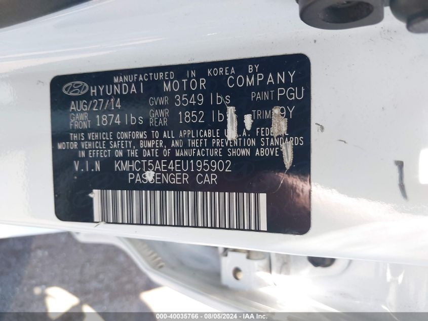 2014 Hyundai Accent Gs VIN: KMHCT5AE4EU195902 Lot: 40035766