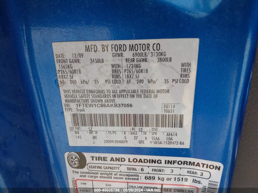 2010 Ford F-150 Fx2 Sport/Xl/Xlt VIN: 1FTEW1C86AKB37056 Lot: 40035786