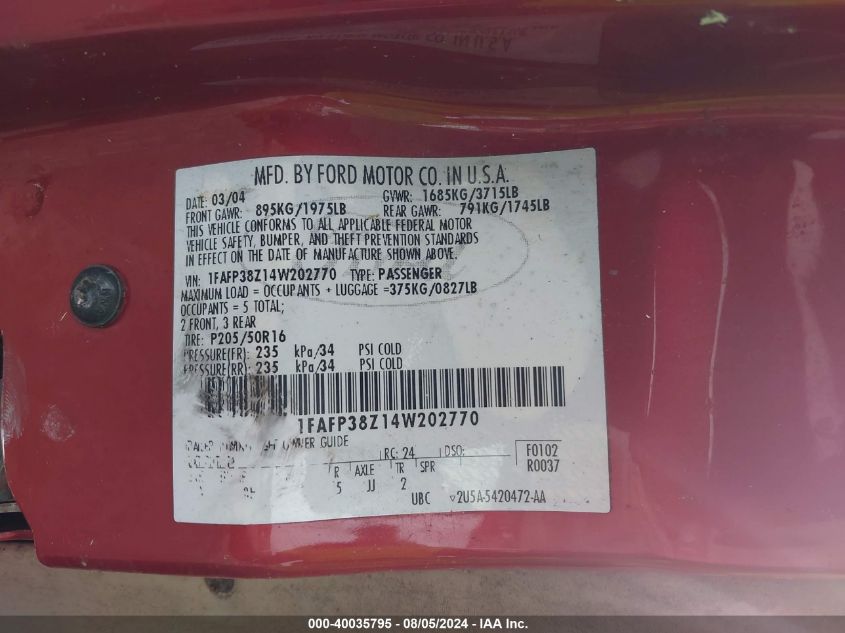 1FAFP38Z14W202770 | 2004 FORD FOCUS