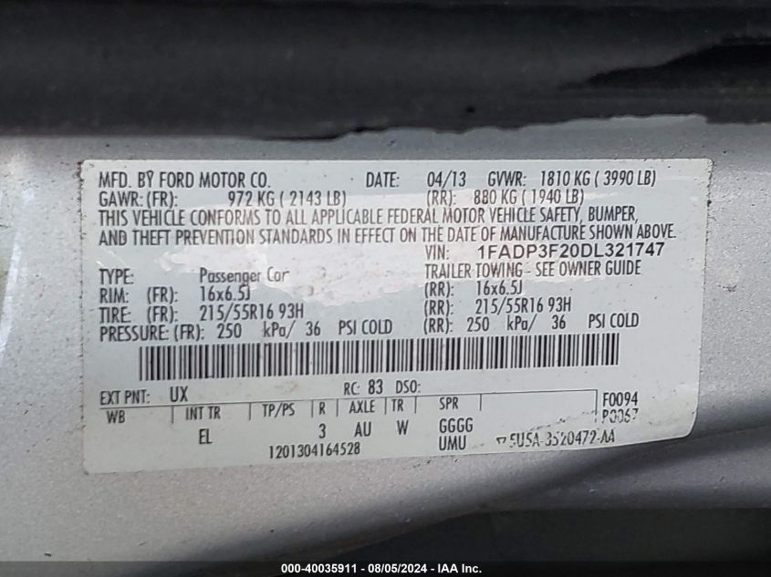 1FADP3F20DL321747 2013 Ford Focus Se