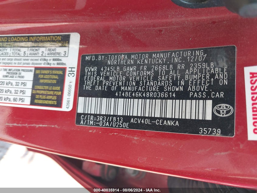 2008 Toyota Camry Le VIN: 4T4BE46K48R036614 Lot: 40035914