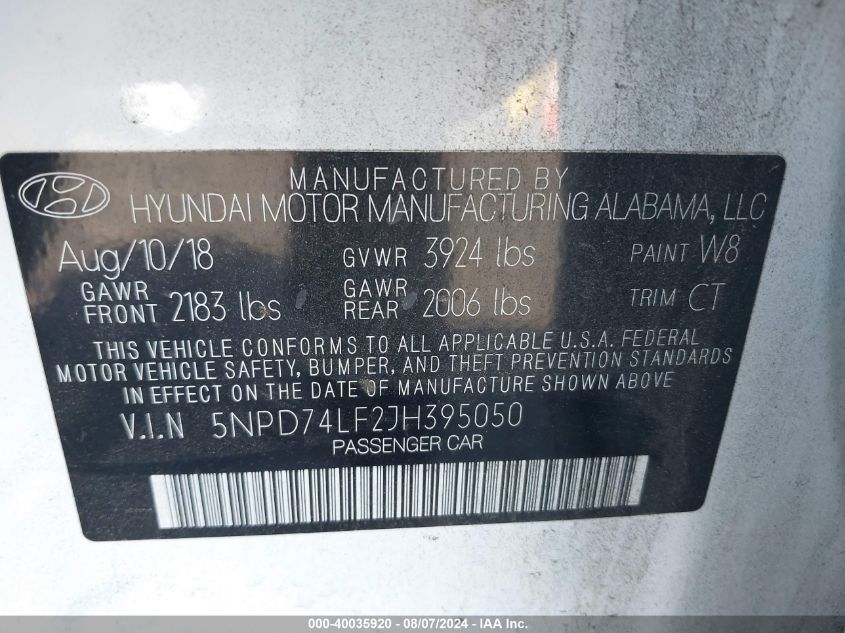 2018 Hyundai Elantra Se VIN: 5NPD74LF2JH395050 Lot: 40035920
