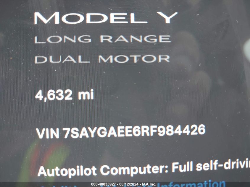 2024 Tesla Model Y Long Range Dual Motor All-Wheel Drive VIN: 7SAYGAEE6RF984426 Lot: 40035927