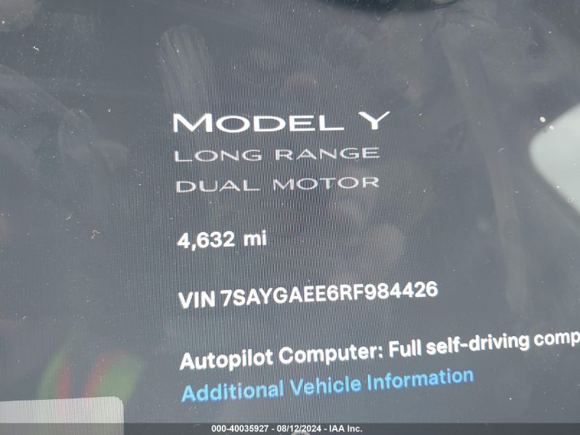 2024 Tesla Model Y Long Range Dual Motor All-Wheel Drive VIN: 7SAYGAEE6RF984426 Lot: 40035927