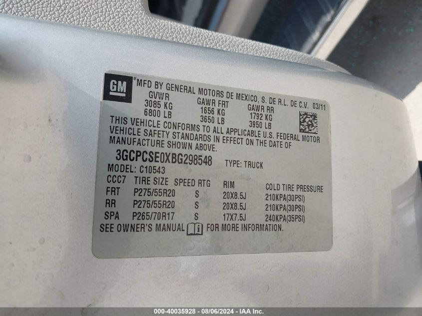 2011 Chevrolet Silverado 1500 Lt VIN: 3GCPCSE0XBG298548 Lot: 40035928