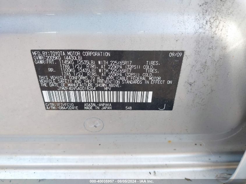 2010 Toyota Rav4 VIN: JTMZF4DV5AD018264 Lot: 40035957