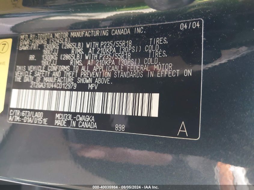 2004 Lexus Rx 330 330 VIN: 2T2GA31U44C012979 Lot: 40035984