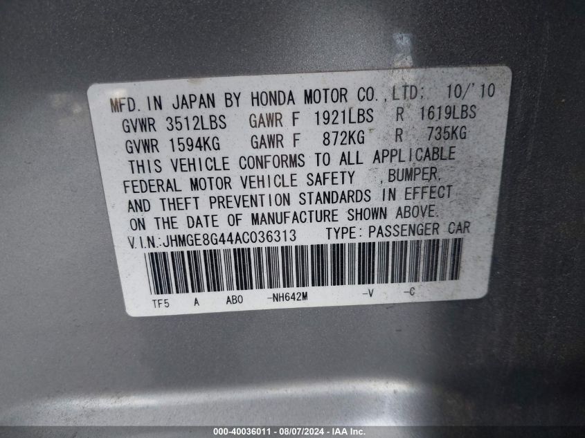 2010 Honda Fit Sport VIN: JHMGE8G44AC036313 Lot: 40036011